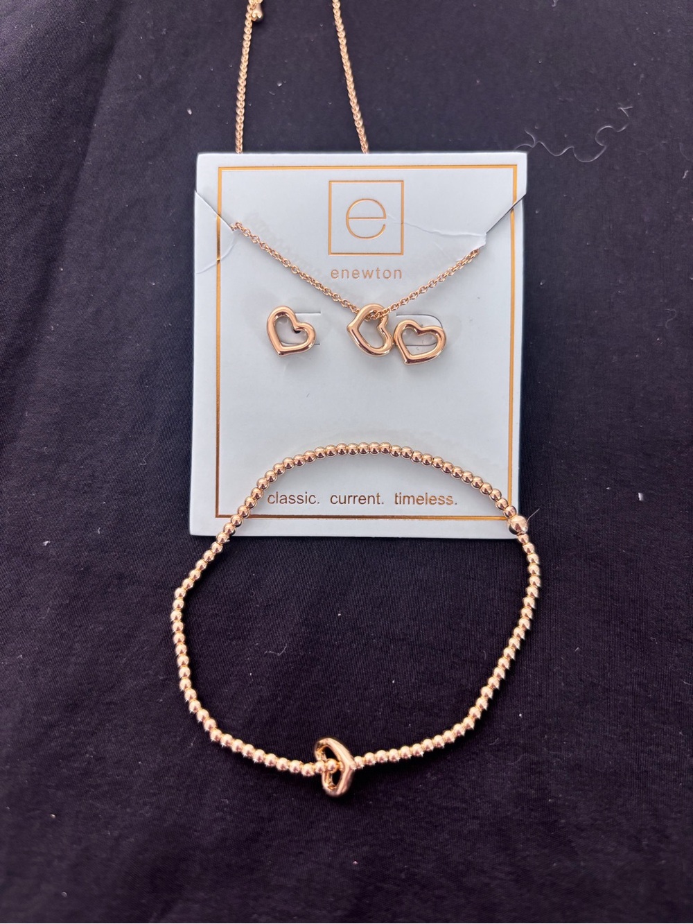 NWOT Newton Gold Heart Necklace, Earrings & Beaded Bracelet Set